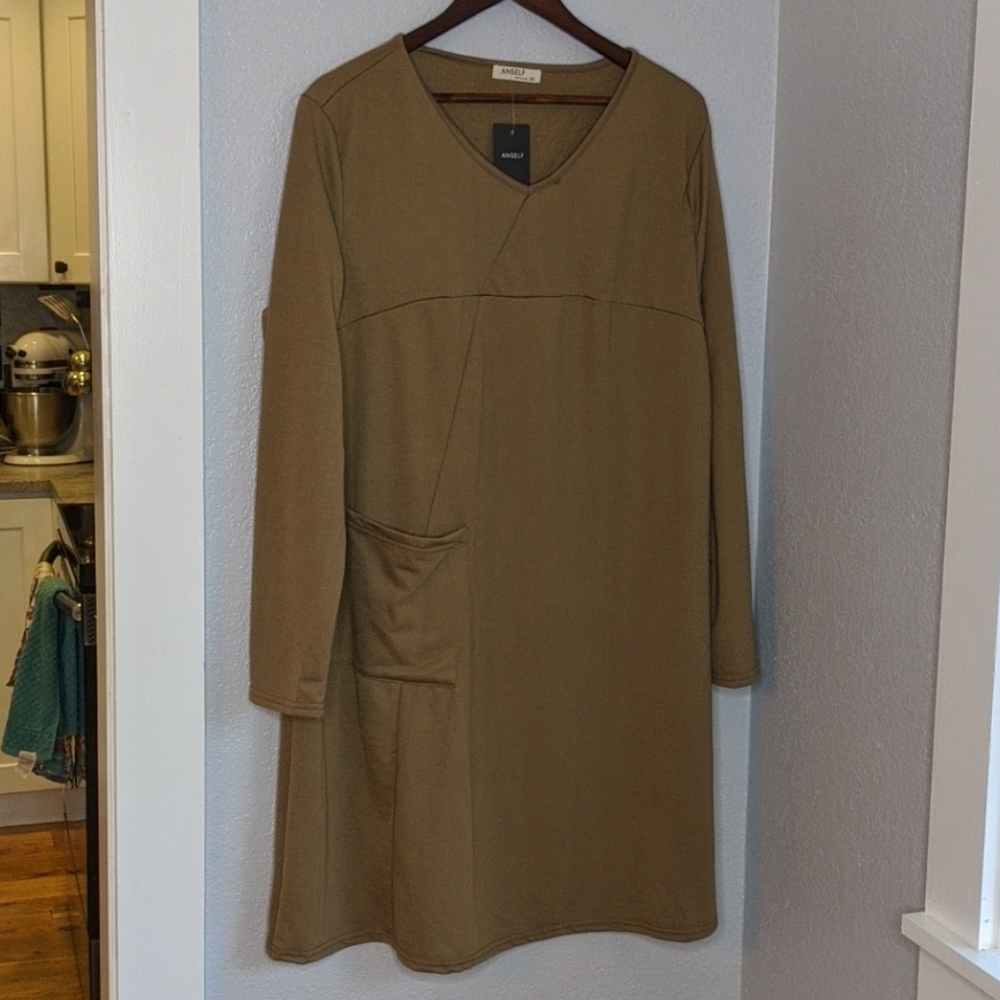 Anself tan casual comfy work dress vneck plus size